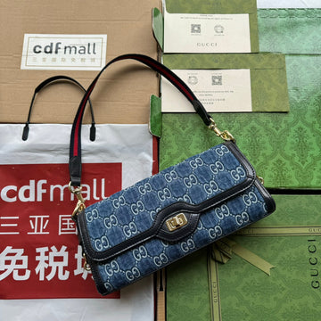 Luce Small Shoulder Bag 27 In Blue Embossed Denim And Black Calfskin Trim Gold Hardware
