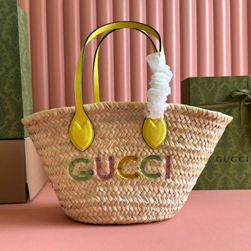 Small Tote Bag 20 With Logo In Natural-Colored Straw And Yellow Calfskin Handle