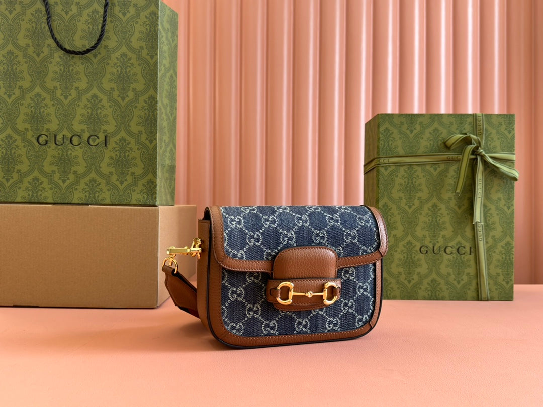 Gucci Horsebit Bag 20CM Blue Mix Brown Leather Canvas 244253