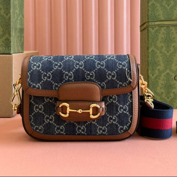Gucci Horsebit Bag 20CM Blue Mix Brown Leather Canvas 244253