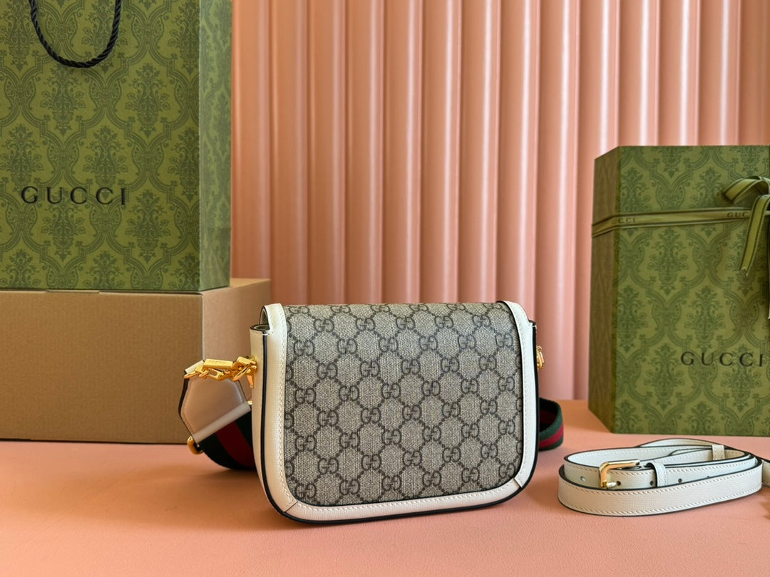 Gucci Horsebit Bag Ebony Mix White Leather Canvas 244256