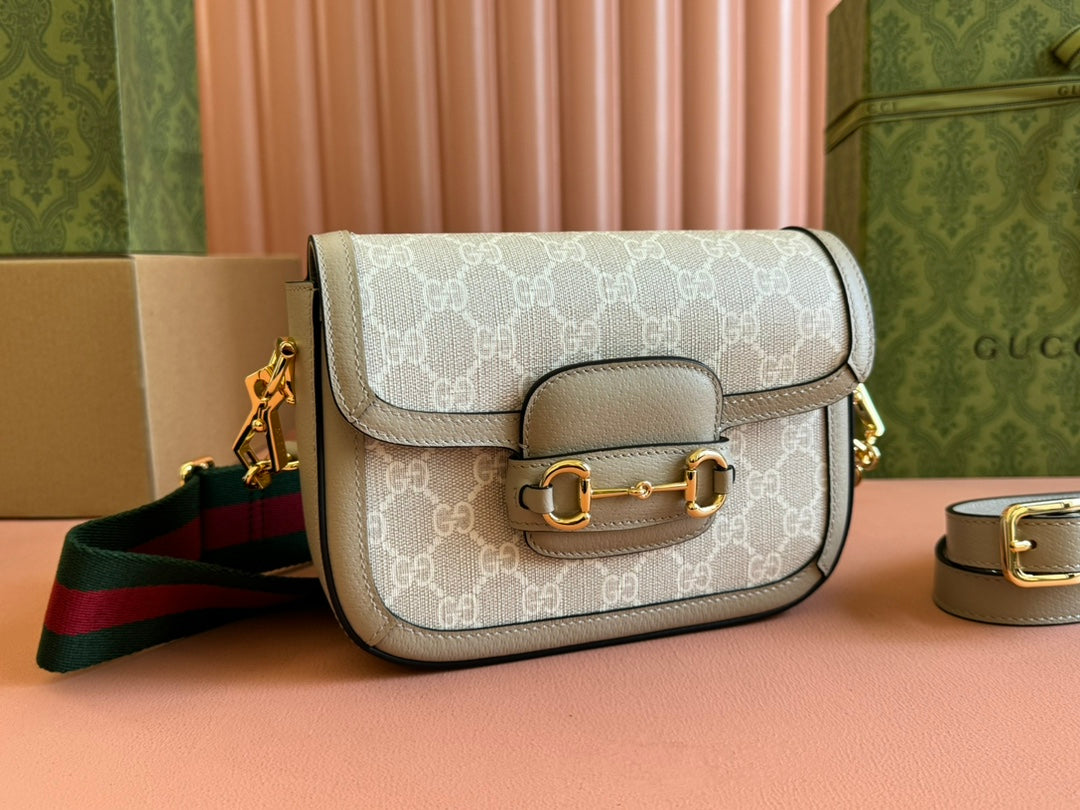 Gucci Horsebit 20.5 Bag Beige Mix White Leather Canvas 244257