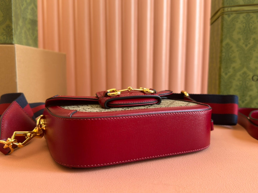 Gucci Horsebit Bag Ebony Mix Rosso Ancora Red Leather Canvas 244259