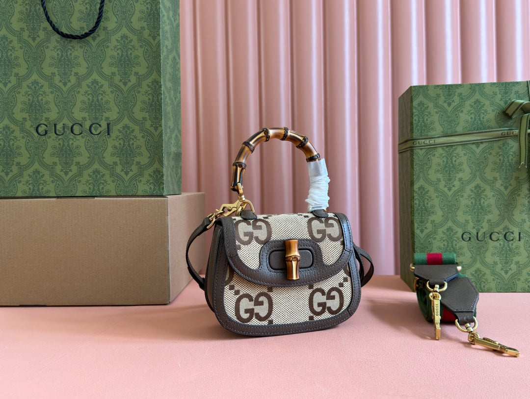Gucci Bamboo Bag 17CM Brown Mix Beige Canvas Leather 248506