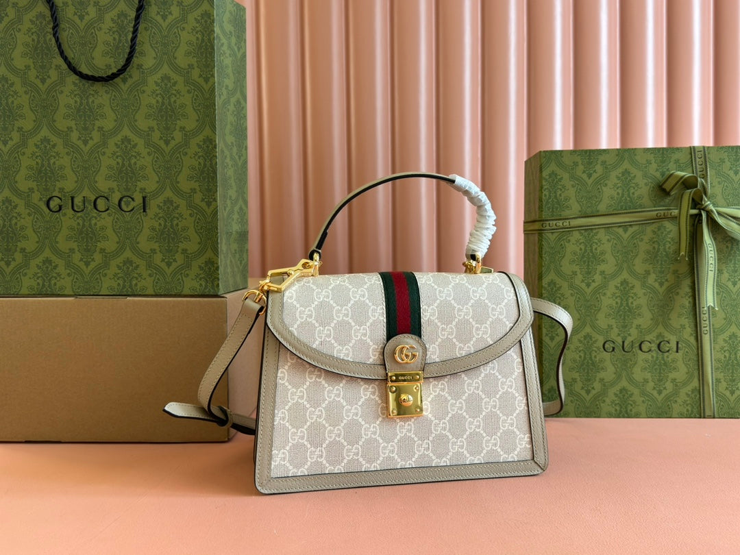 Gucci Ophidia 25CM Bag Beige White Canvas Leather 248494