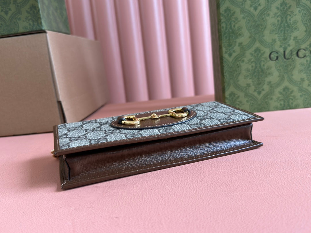 Horsebit 1955 Wallet In Beige Ebony Canvas Mix Brown Calfskin Gold Chain