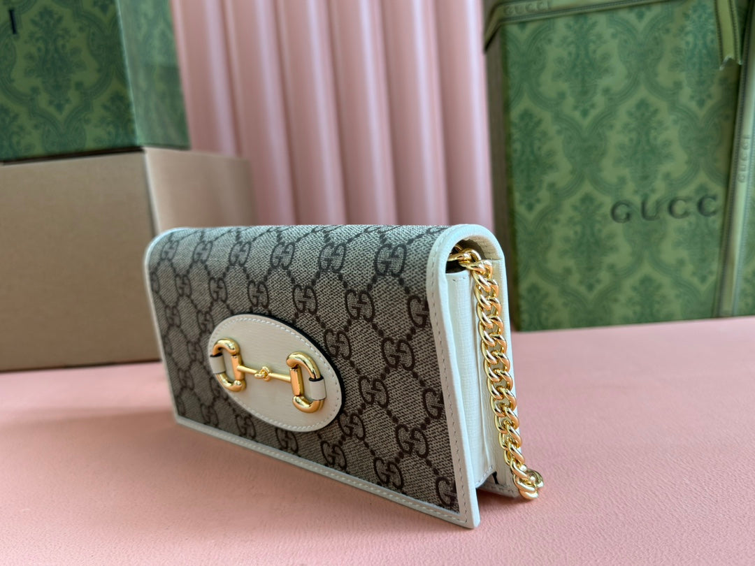 Horsebit 1955 Wallet In Beige Ebony Canvas Mix White Calfskin Gold Chain