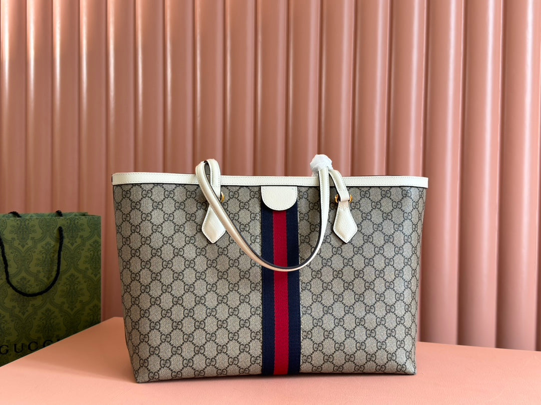 Gucci Ophidia 38CM Bag Ebony White Leather Canvas 244457