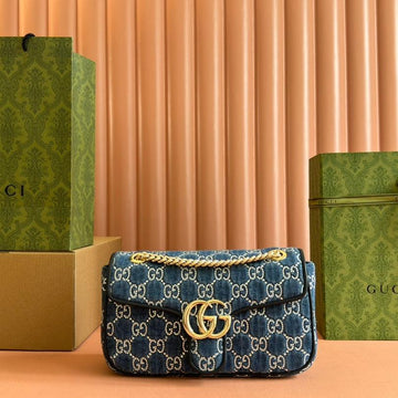 Marmont Shoulder Bag 26 In Blue Denim With Double G Crystal Pattern Gold Hardware