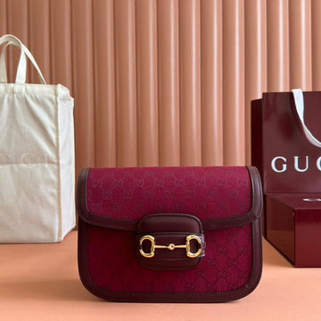 Horsebit 1955 Shoulder Bag 25 In Wine Red Canvas And Calfskin Gold Hardware