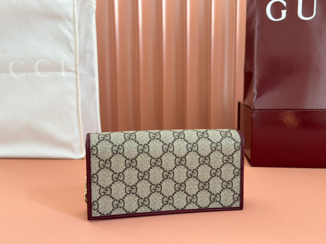 Gucci Horsebit 1995 Chain Wallet Beige Mix Rosso Ancora Red Canvas 244278