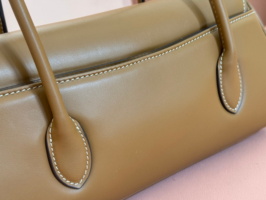 Beau Top Handle Bag 28 In Chocolate Brown Glossy Calfskin Gold Hardware