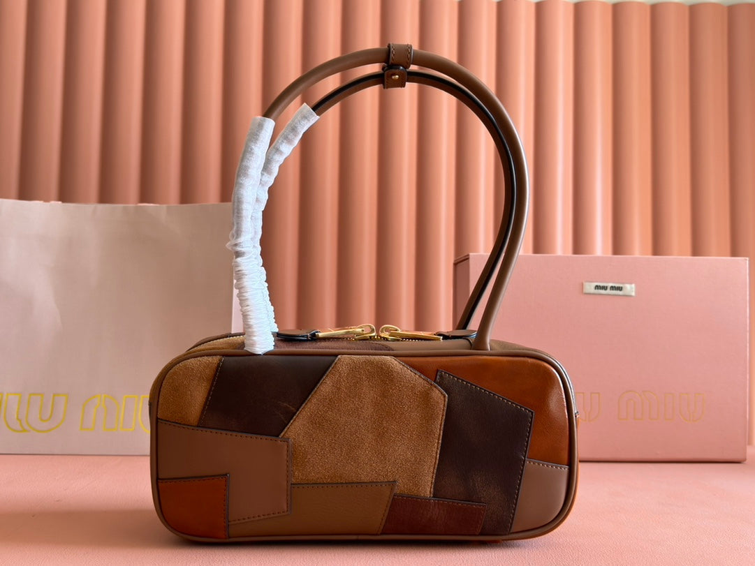 Beau Top Handle Bag 28 In Cognac Leather Patchwork