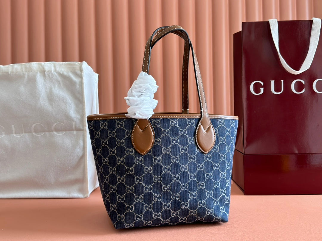 Gucci Totissima 22CM Tote Bag Blue Mix Brown Denim Leather 248432