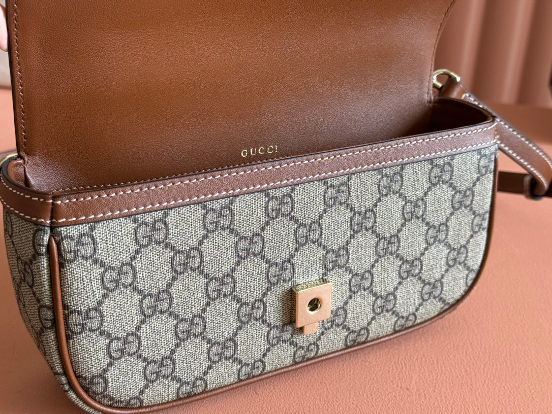 Gucci Horsebit 1995 Bag Beige Mix Brown Calfskin Canvas