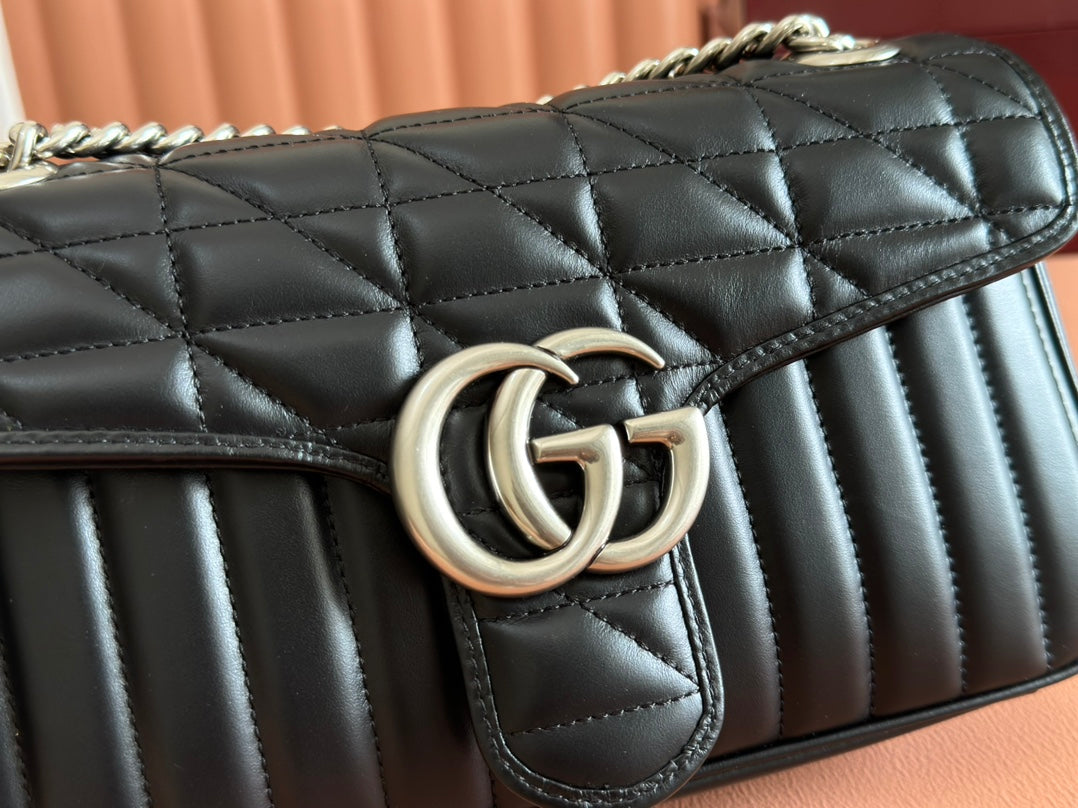 Gucci GG Marmont 26 Bag With Silver Hardware Black Calfskin 248245