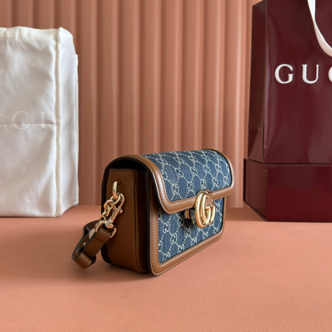Gucci Go Small Shoulder Bag Brown Mix Blue Leather Canvas 248117