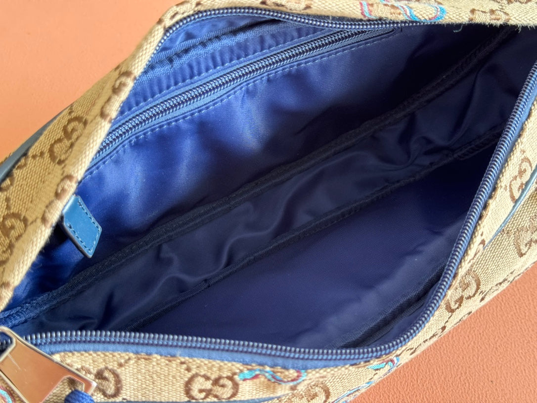 Gucci Snake Print Bag Beige Mix Blue Canvas 248145