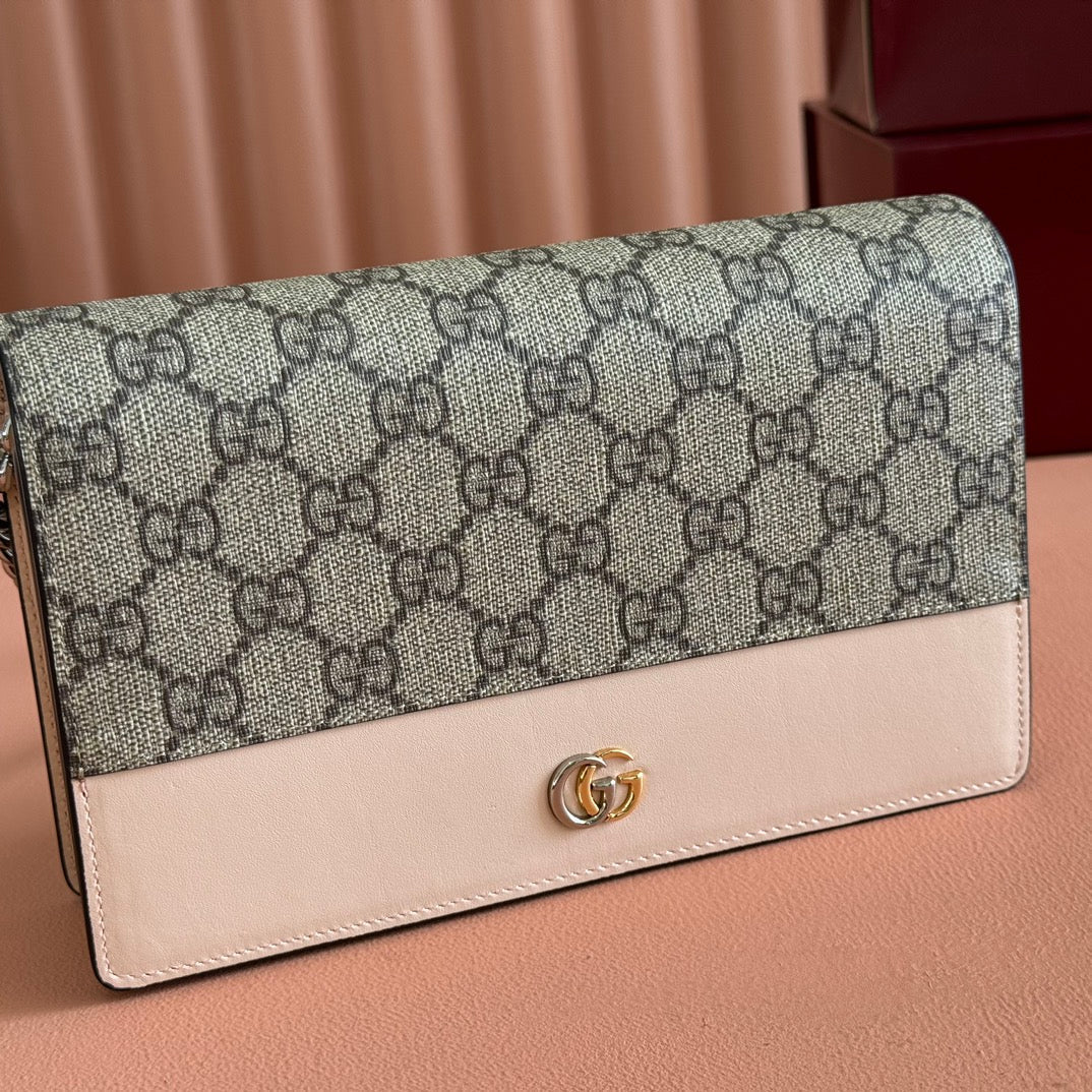 Gucci Marmont Chain Wallet Ebony Mix Beige Leather Canvas 255315