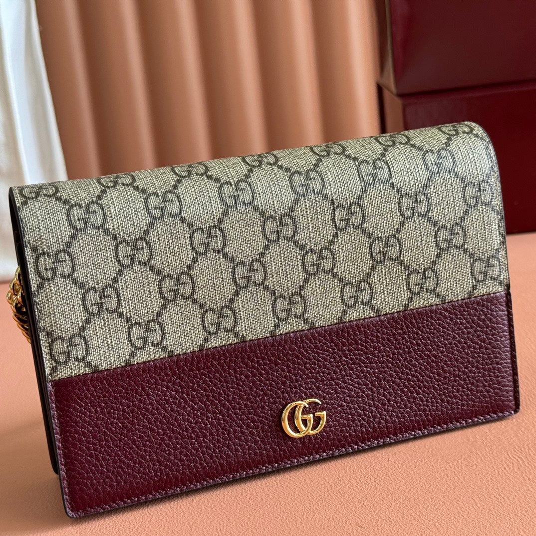 Gucci Marmont Chain Wallet Ebony Mix Rosso Ancora Red Leather Canvas 255316