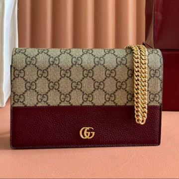Gucci Marmont Chain Wallet Ebony Mix Rosso Ancora Red Leather Canvas 255316