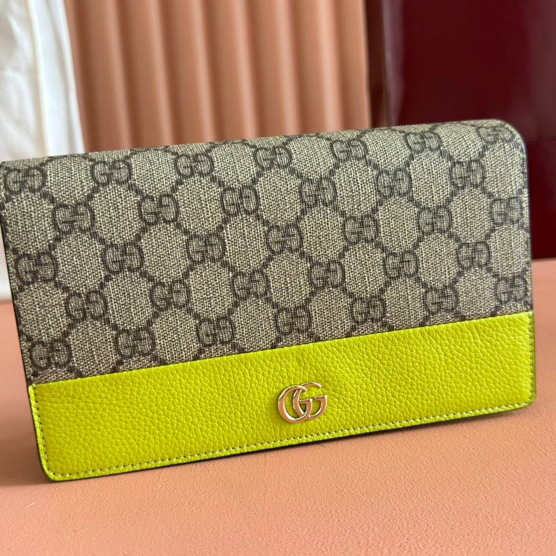 Gucci Marmont Chain Wallet Ebony Mix Light Green Canvas Leather 254942