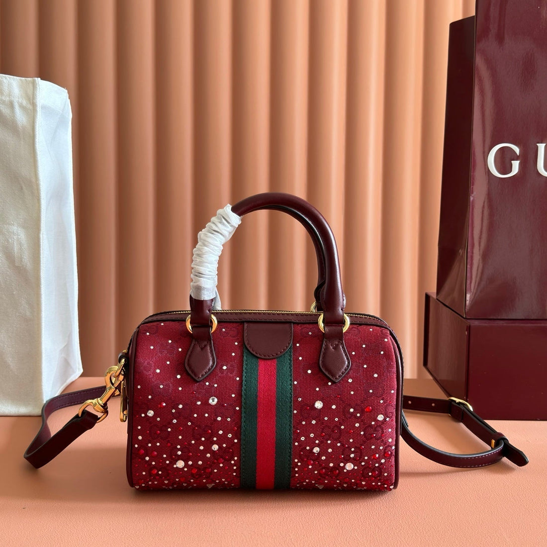 GG Ophidia Crystals Small Boston Bag 21CM Burgundy Canvas