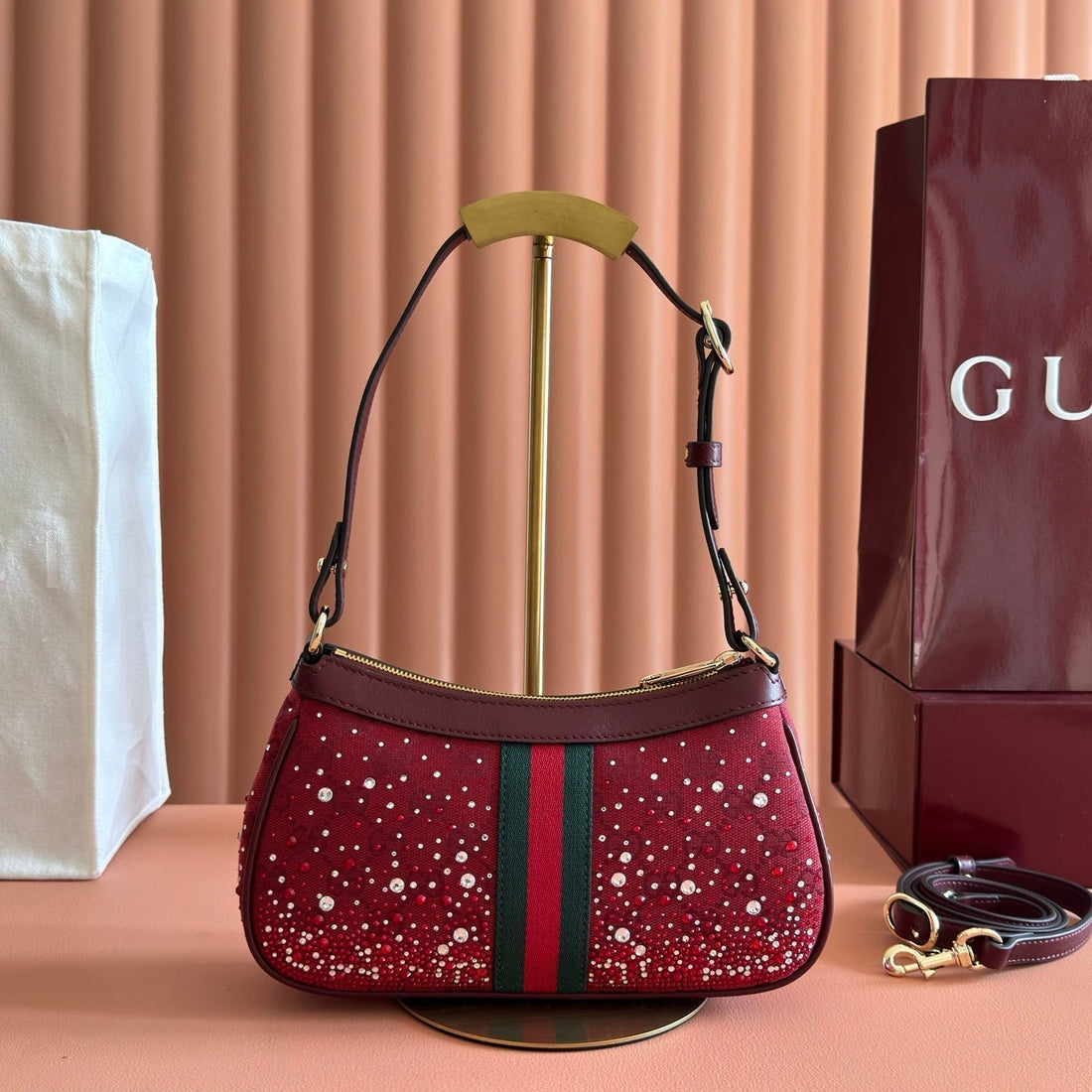 GG Ophidia Crystals Small Shoulder Bag 26CM Burgundy Canvas