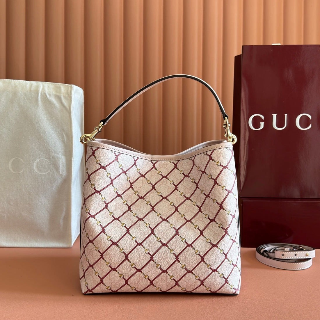 GG Emblem Bucket Bag 25CM Pink Red GG Fabric
