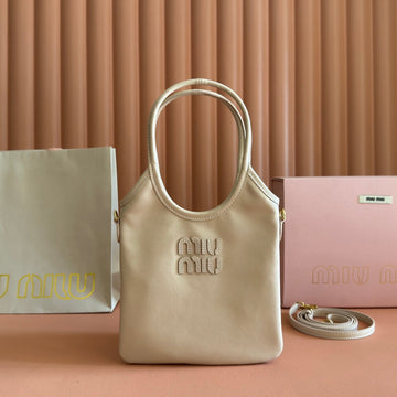 Miu Ivy Handbag Light Beige Leather 280984