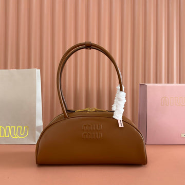 Miu Beau Semi-Circular Bowling Bag Tan Brown Leather