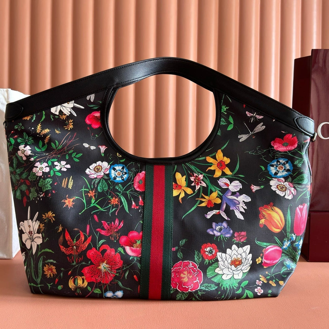 GG 26 Giglio Flora Large Tote Bag 60CM Black Canvas 292578