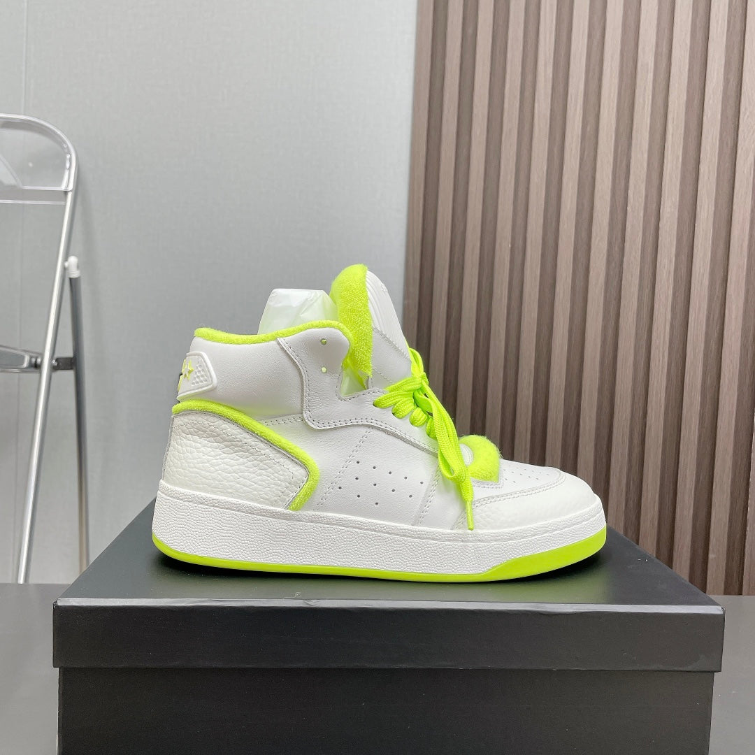 High-Top Sneakers In White Mix Neon Green Calfskin