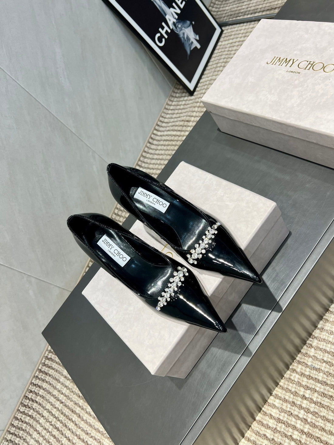 Jimmy Choo Belinda 85MM Heels Black Patent Leather Crystal Studded Heels 540679