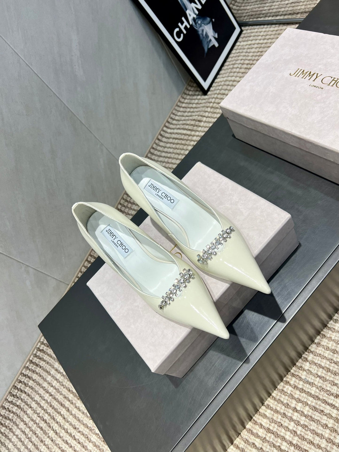Jimmy Choo Belinda 85MM Heels Cream Patent Leather Crystal Studded Heels 540680