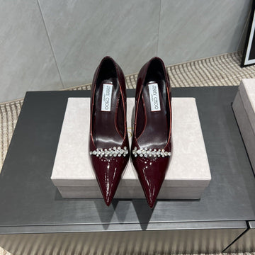 Jimmy Choo Belinda 85MM Heels Burgundy Patent Leather Crystal Studded Heels 540681