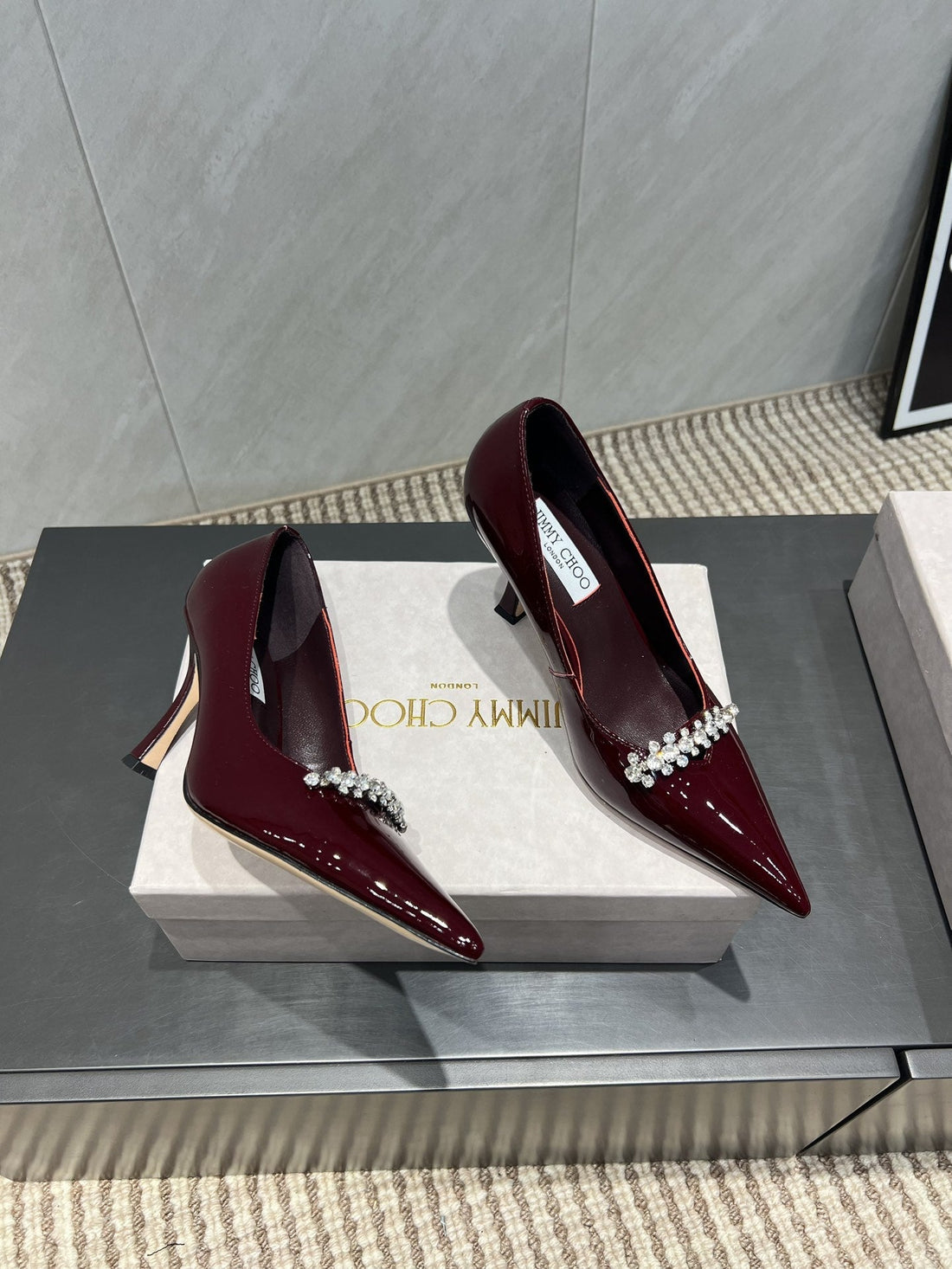 Jimmy Choo Belinda 85MM Heels Burgundy Patent Leather Crystal Studded Heels 540681