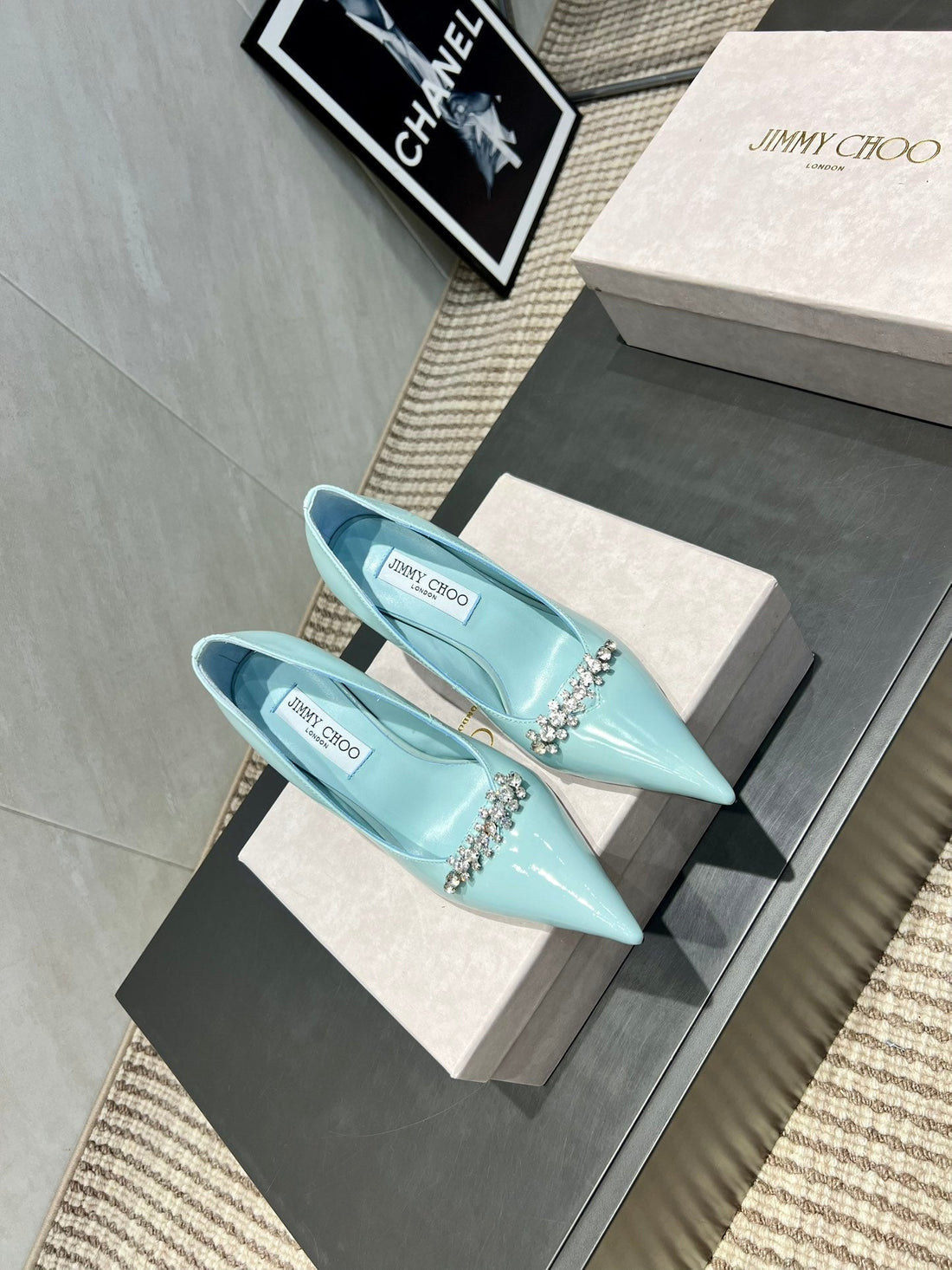 Jimmy Choo Belinda 85MM Heels Blue Patent Leather Crystal Studded Heels 540682