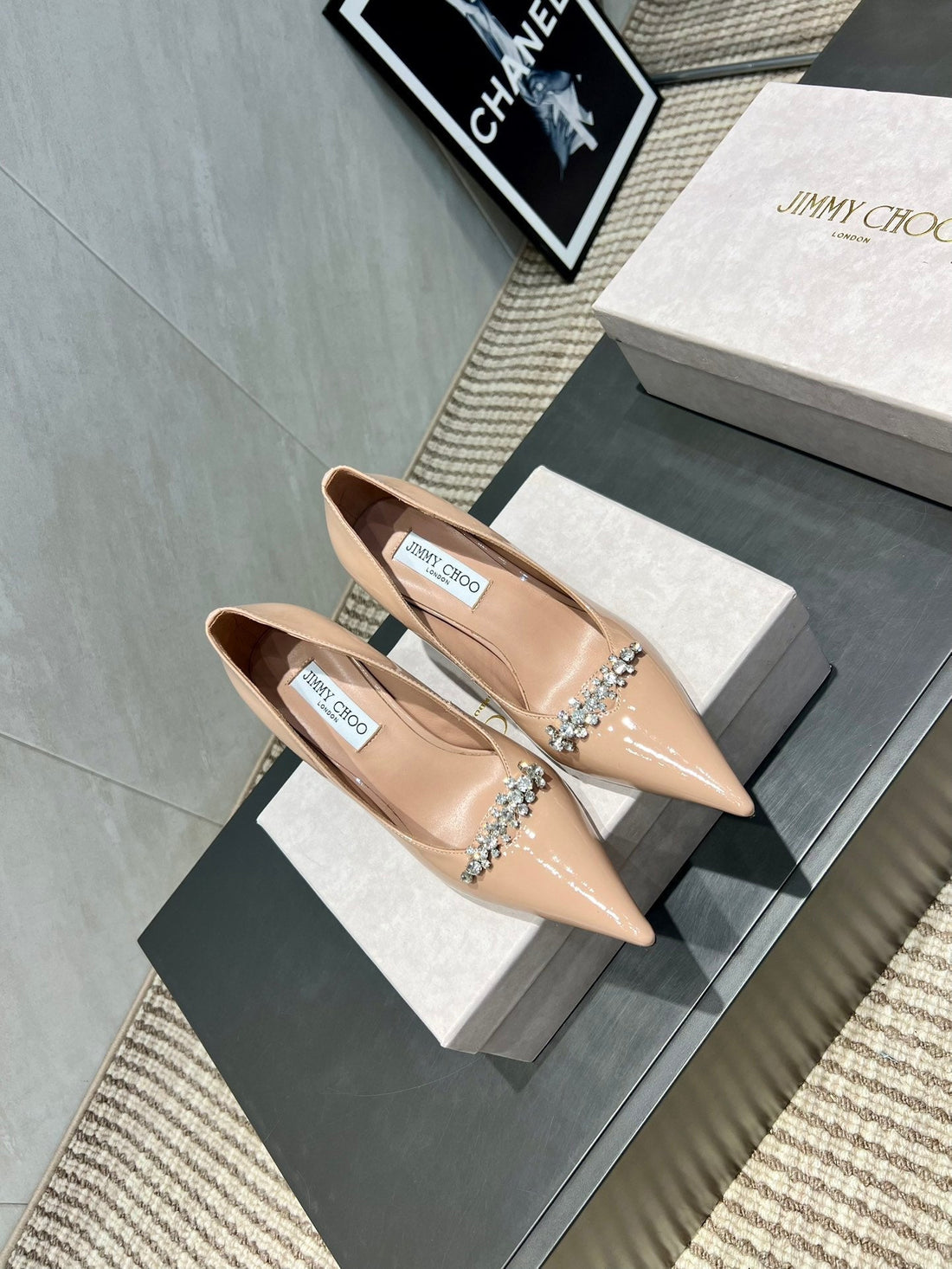Jimmy Choo Belinda 85MM Heels Nude Patent Leather Crystal Studded Heels 540683.