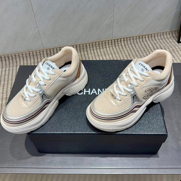 Chanel 25 Sneaker White Beige Silver Mesh Leather 540313