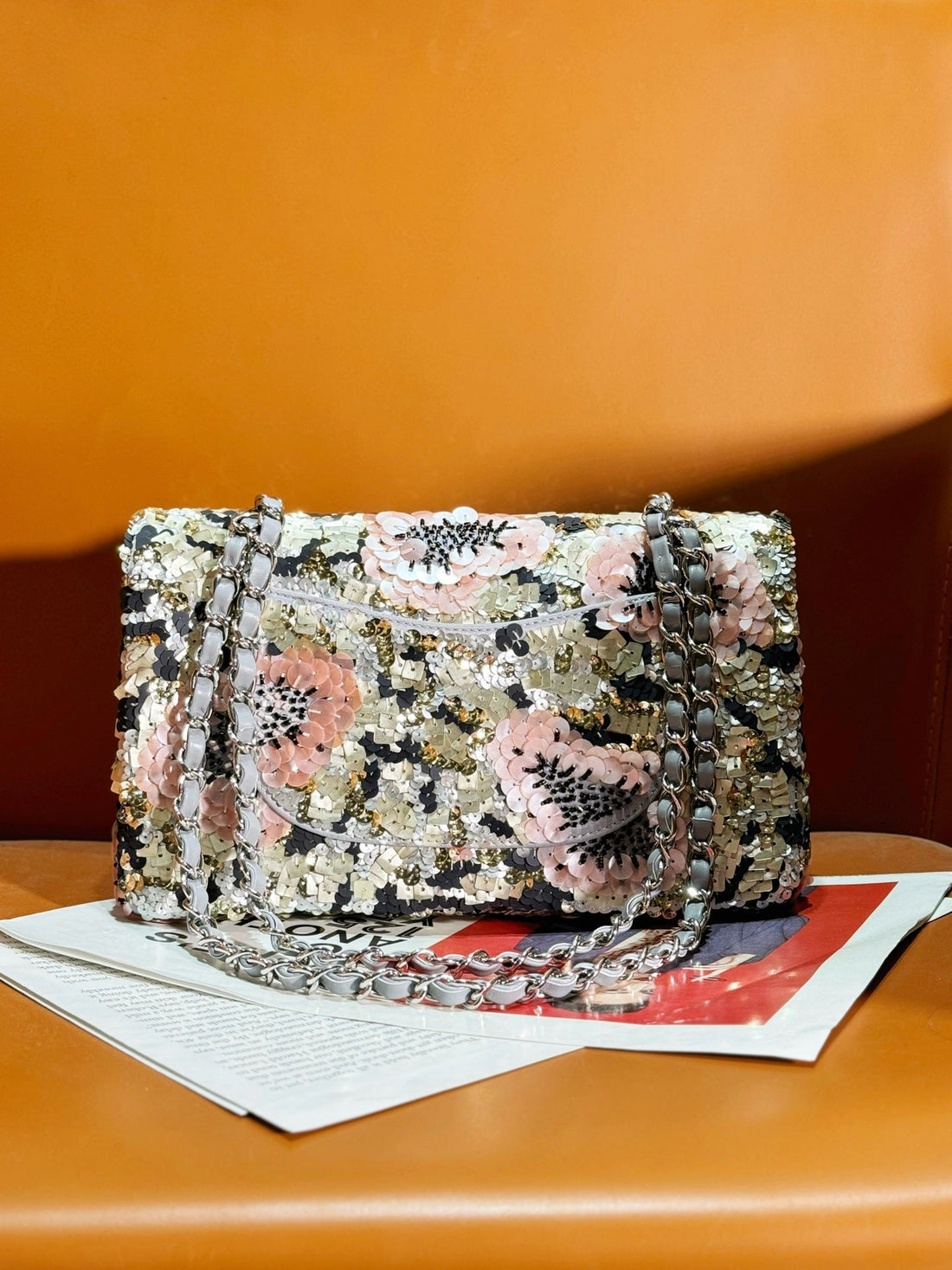 24S Flap Bag 25.5cm Multicolor Sequin Pink Flower Pearl Caflskin