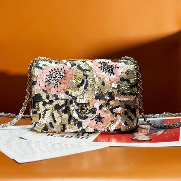 24S Flap Bag 20CM Multicolor Sequin Pink Flower Pearl Caflskin