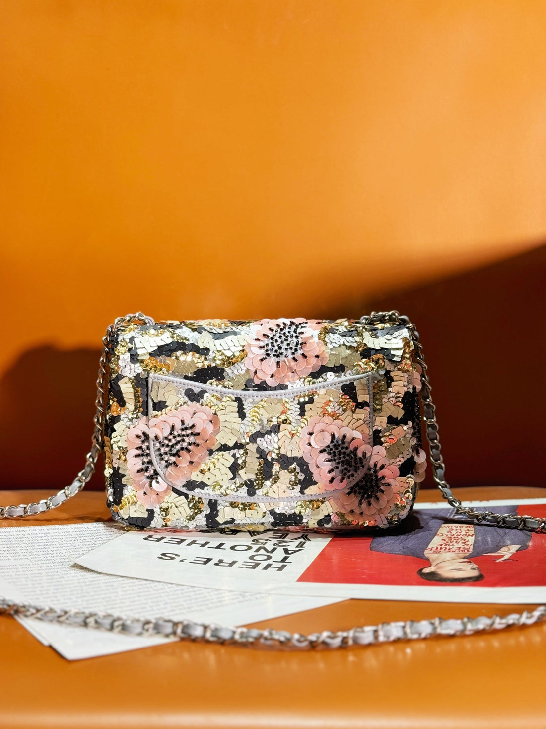 24S Flap Bag 20CM Multicolor Sequin Pink Flower Pearl Caflskin