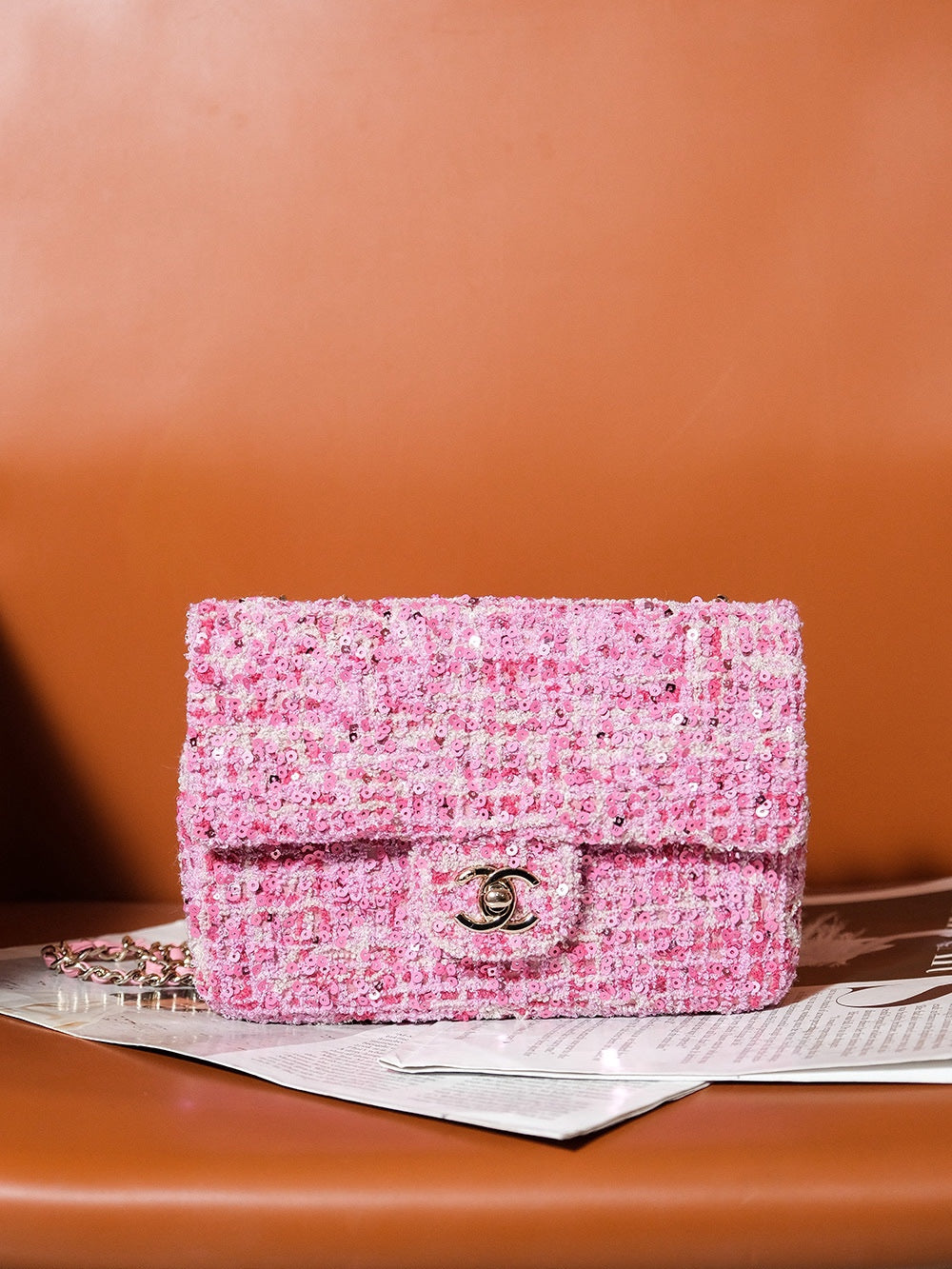 24S Flap Bag 20CM Pink White Sequin Calfskin