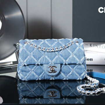 24S Flap Bag 20CM Blue Quilted Denim
