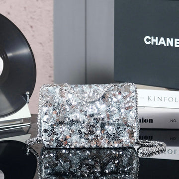 25C Flap Bag 21CM Dense Silver Sequin White Calfskin
