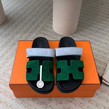 Chypre Sandal Dark Green Cloud Blue Suede Black Calfskin