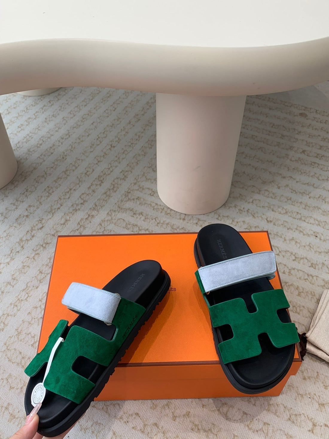 Chypre Sandal Dark Green Cloud Blue Suede Black Calfskin