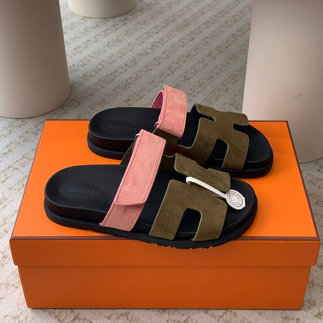 Chypre Sandal Olive Pink Suede Black Calfskin