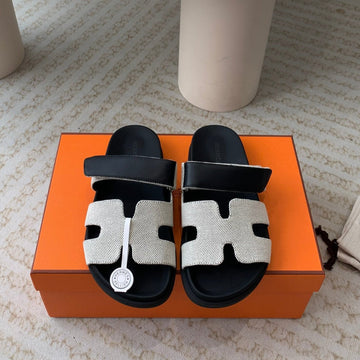 Chypre Sandal White Canvas Black Calfskin